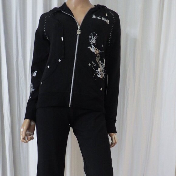 NWT BCBG sz SM MED LG XL 95% cotton BLACK SILVER BUTTERFLY & VINE 2PC TRACKSUIT - Picture 11 of 16